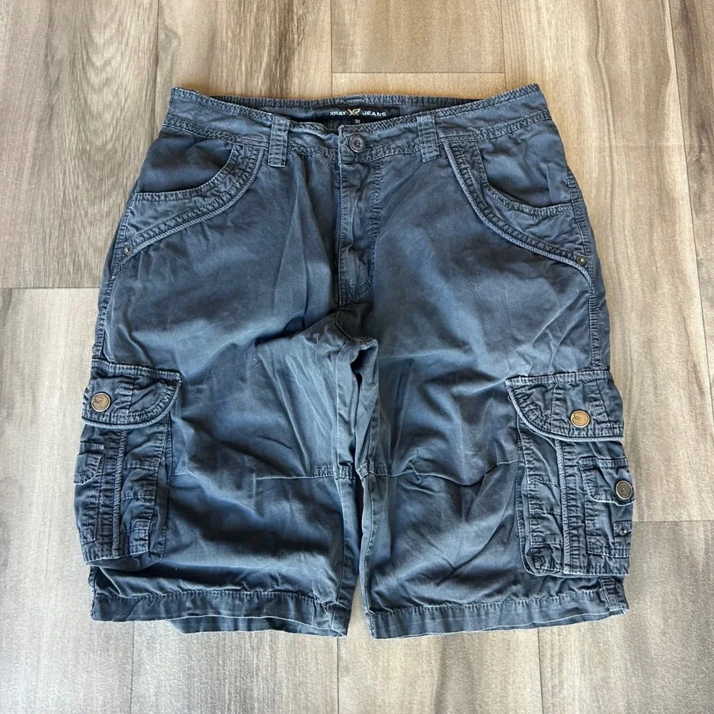 Xray Jeans Mens Cargo Shorts Navy Blue Faded Size 36 Multi Pocket Utility Casual